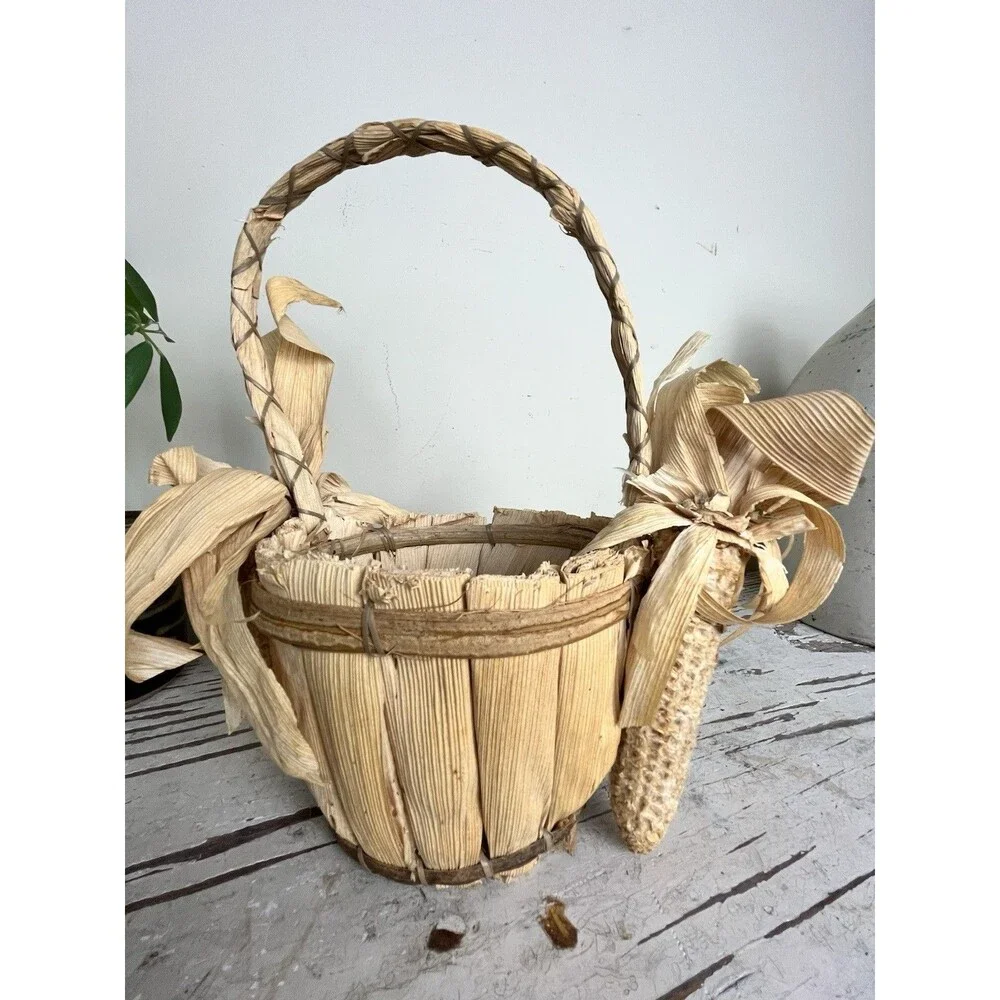Vintage Rare Rustic Harvest Corn Husk Wicker Basket Primitive Country Decor